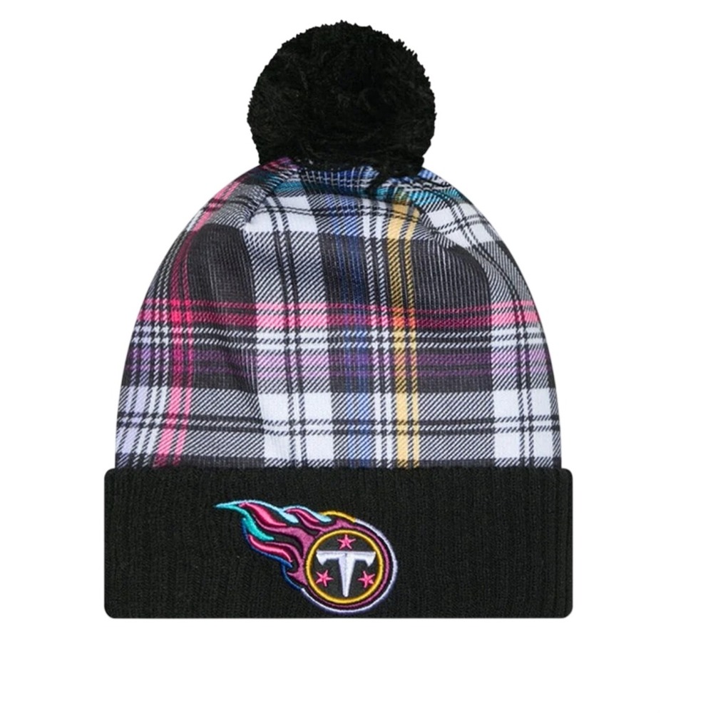New Era Tennessee Titans Crucial Catch Plaid Knit Beanie Hat Black Pink M/L